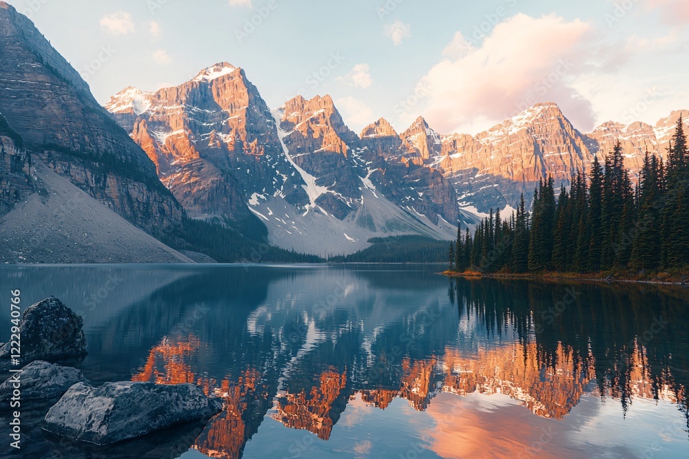 Fototapeta premium Majestic mountain landscape reflecting in tranquil lake at sunset with vibrant clouds and pine trees