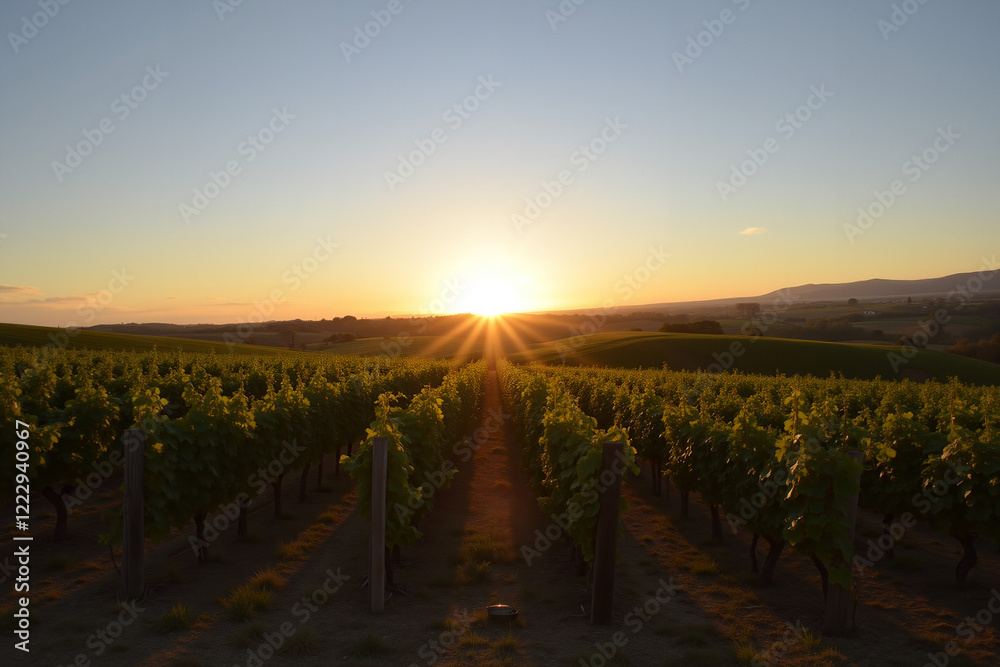 Naklejka premium Vineyard at sunset with rows of grapevines and long shadows