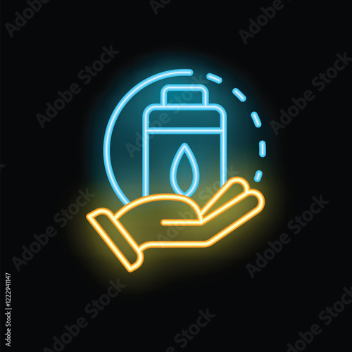 Neon sign illustrating a hand holding an oil barrel, symbolizing oil industry, energy resources and fuel production