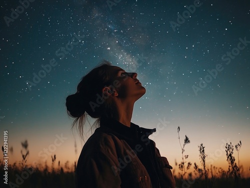 Woman gazing up at stars