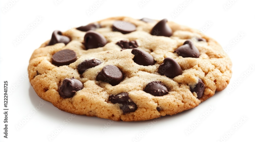 Chocolate chip cookie isolated on white background perfect for food advertising or baking articles with ample empty space for text. Chocolate chip cookie isolated on white background perfect for food advertising or baking articles with ample empty space for text.