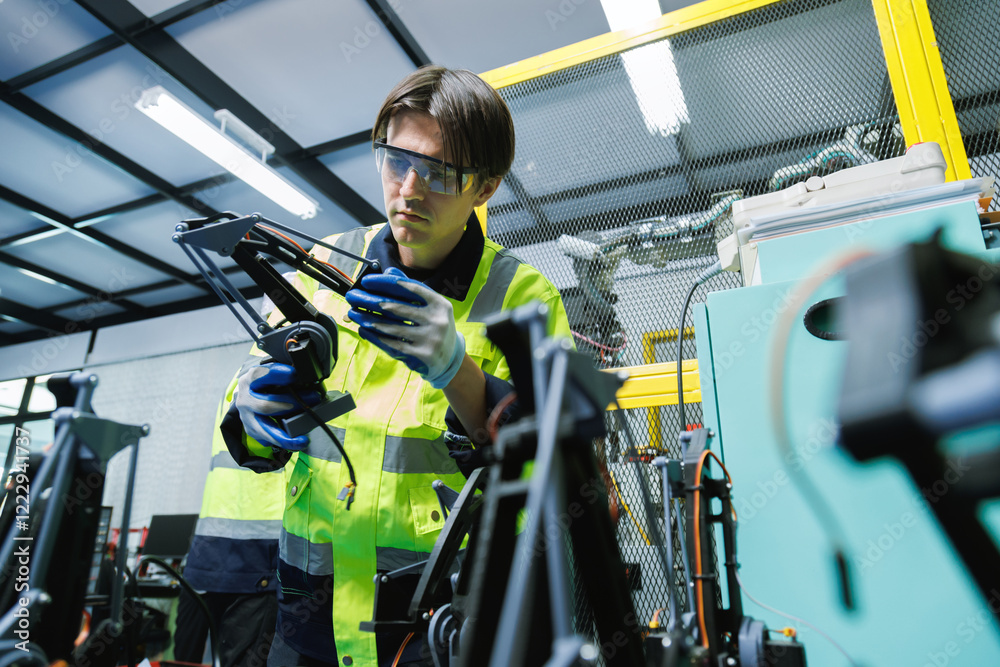 © gumpapa - automation machine engineer students study and inspection control robot arm machine in robotics engineering academy at university or factory workshop. AI robot technology, future innovation trend.