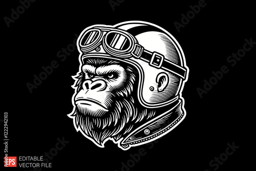 monkey wearing helmet Black and white silhouette Illustration vector design