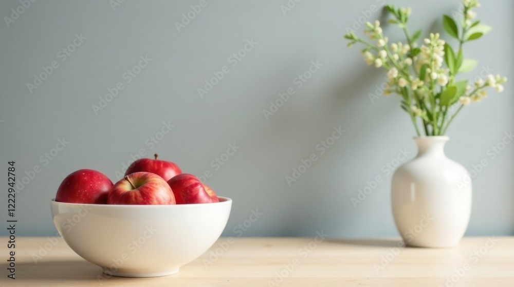 A bowl of ripe red apples sits on a light wood surface next to a vase of delicate white flowers against a serene backdrop A bowl of ripe red apples sits on a light wood surface next to a vase of delicate white flowers against a serene backdrop