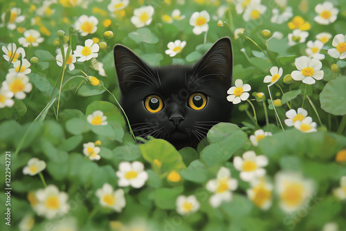 Black Cat with Yellow Eyes Peering Through Green Plants and White Flowers in a Lush Garden Setting photo