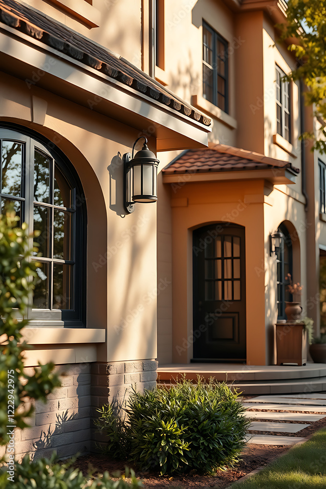 Fototapeta premium Luxury Home Exterior: Elegant Brick Facade, Modern Design, Landscaped Garden, and Warm Sunlight