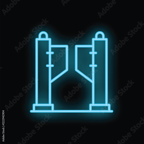 Blue neon icon of a turnstile gate glowing on black background, ideal for concepts such as access control, security, or restricted areas