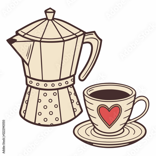 Cup and teapot of Turkish coffee on Saucer Vector Illustration, Cartoon Clipart, and Line Art Design
