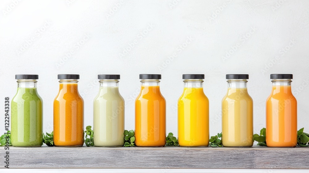 Freshly Pressed Juice Bottles in a Row on a Minimalist Wooden Shelf Freshly Pressed Juice Bottles in a Row on a Minimalist Wooden Shelf