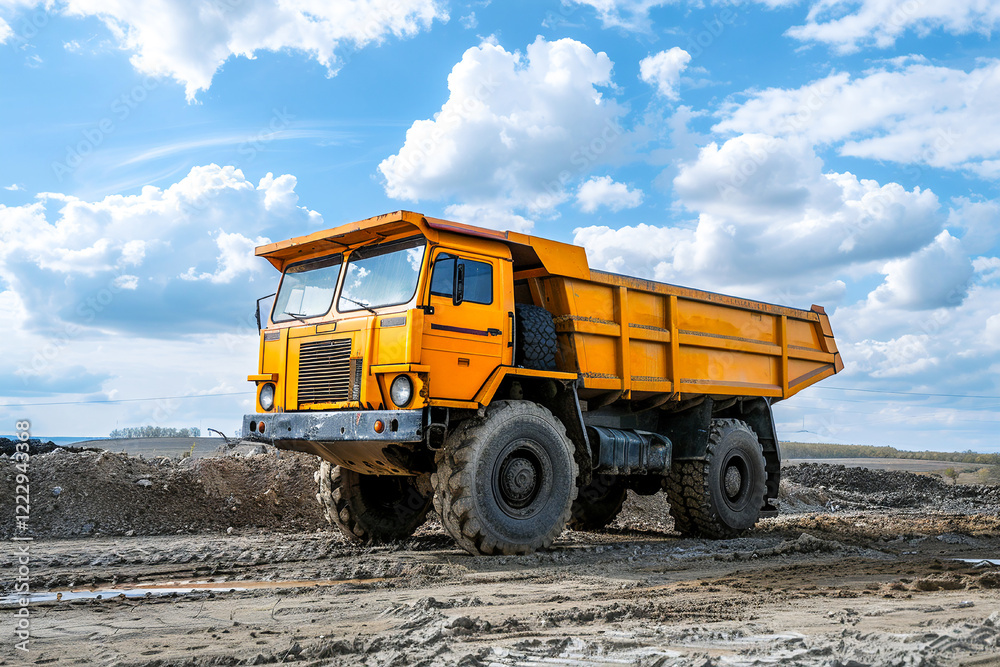 Large yellow dump truck transporting rocks in a mining area, surrounded by a forest landscape. Large yellow dump truck transporting rocks in a mining area, surrounded by a forest landscape.