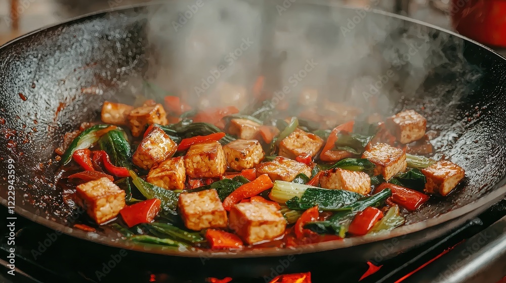 Delicious Stir-Fried Tofu with Colorful Vegetables in Wok on Flame Delicious Stir-Fried Tofu with Colorful Vegetables in Wok on Flame