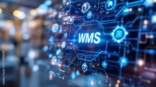 Digital Interface Displaying WMS Warehouse Management System with Icons, Streamlining Logistics and Supply Chain Operations