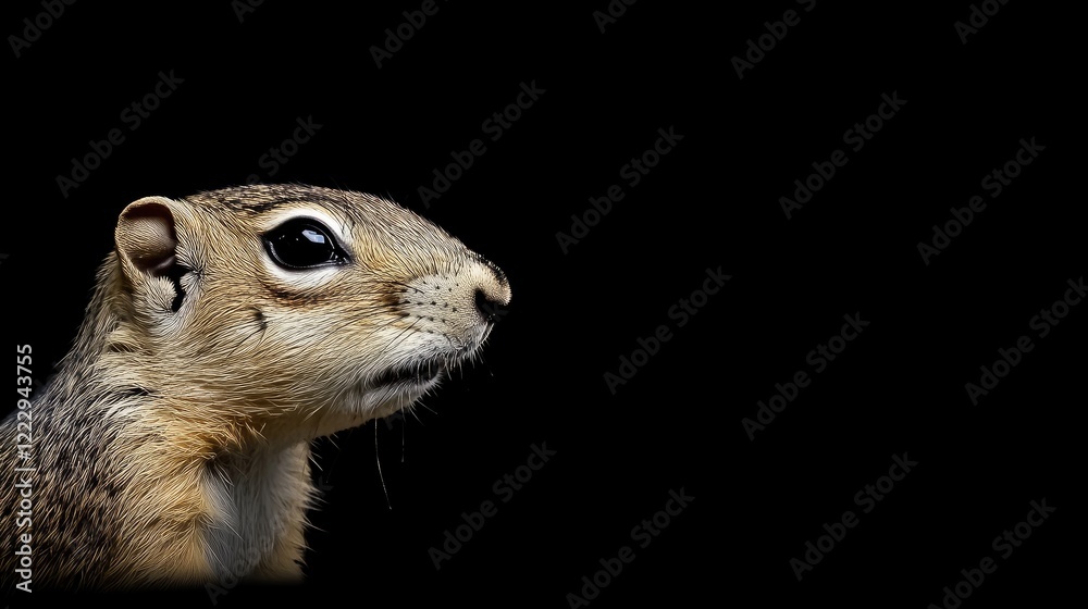 Naklejka premium Portrait of European Ground Squirrel on black background with empty space for text or graphic elements in design projects
