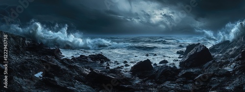 Dramatic ocean waves crashing on rocky shore under stormy skies with copy space for text or graphics photo