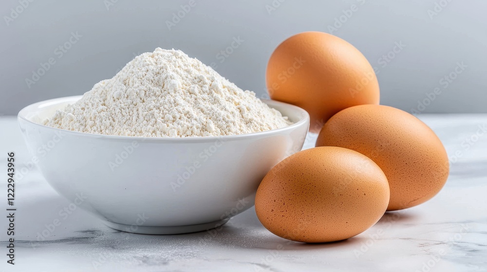 Fresh Eggs and Flour Arrangement on Light Background for Cooking and Baking Fresh Eggs and Flour Arrangement on Light Background for Cooking and Baking
