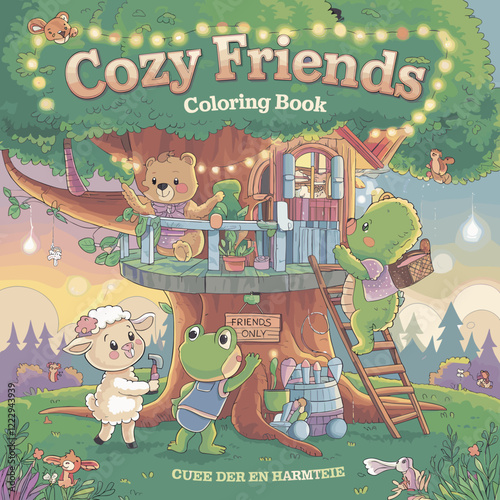 cute coloring book cover, cover, cute kids illustration, cartoon cover, cartoon illustration, kawaii coloring, easy and bold, kawaii cover, cozy, cozy cover, fuzzy, hygge, coloring pages, adult colori