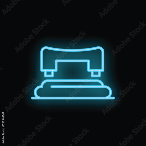 Blue neon sign of a hole punch glowing on a black background