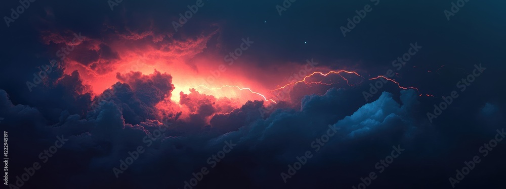 Naklejka premium Dramatic Lightning Illuminating Dark Thunderstorm Skies with Space for Text Insertions