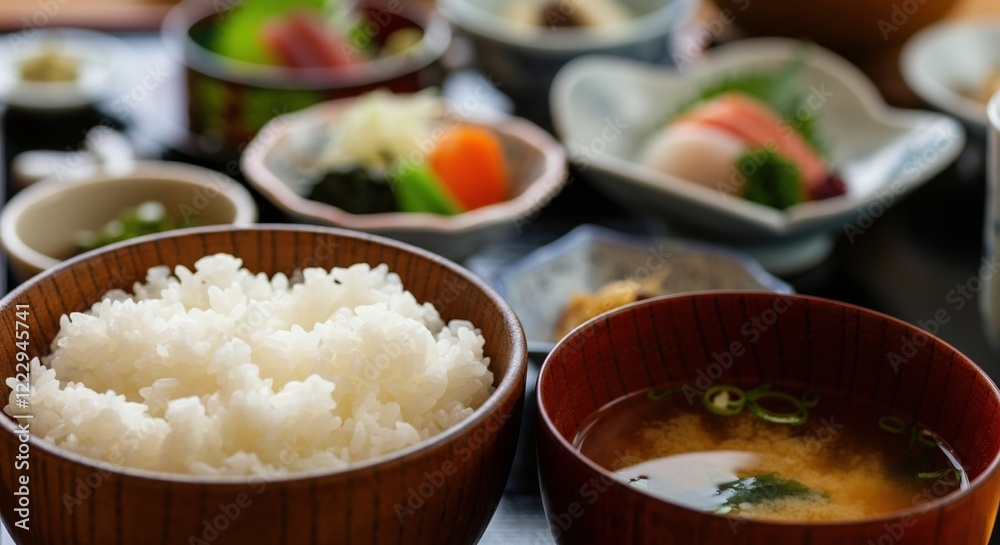 Traditional Japanese meal featuring rice, miso soup, and fresh sashimi Traditional Japanese meal featuring rice, miso soup, and fresh sashimi
