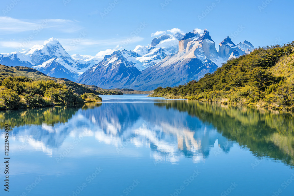 Fototapeta premium Majestic mountain landscape with reflective lake, showcasing nature's beauty in a serene setting