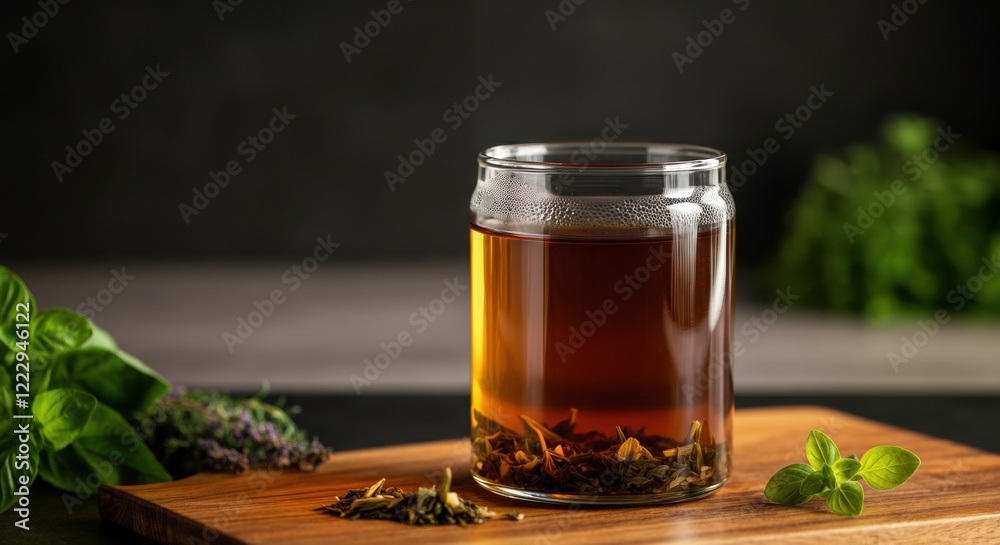 Fototapeta premium Freshly brewed herbal tea in a glass jar with mint leaves
