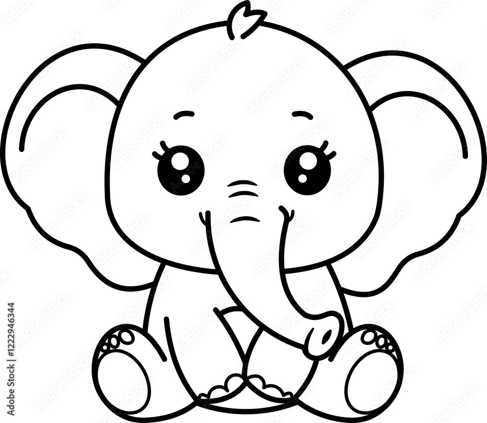 Obraz premium A cute cartoon baby elephant sitting down with a friendly expression. Simple black and white line art, perfect for coloring pages or a minimalist design