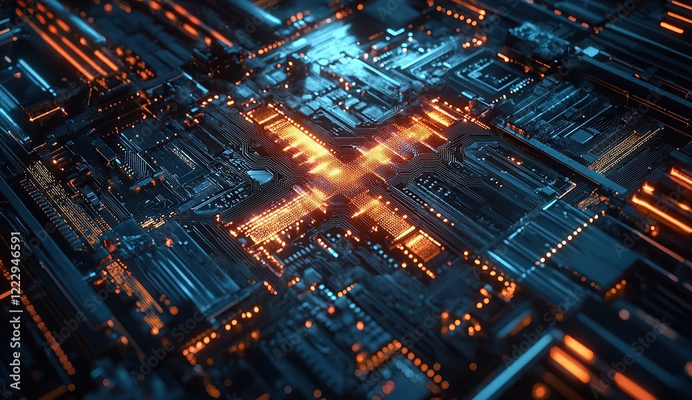 Obraz premium A digital artwork featuring an abstract circuit board design with glowing elements, creating the letter 'X'