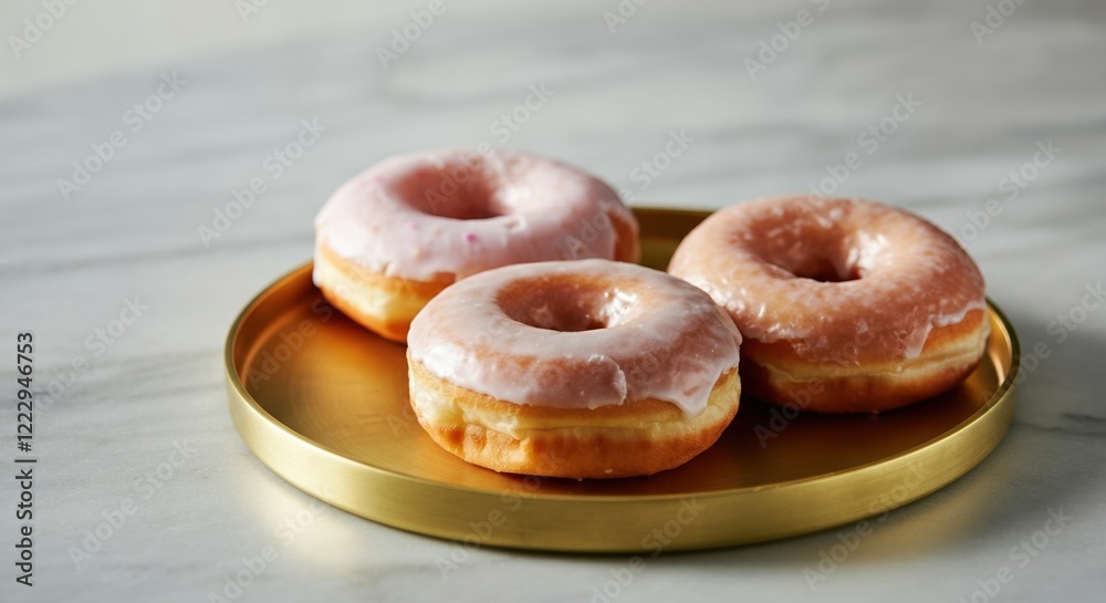 Three delicious glazed donuts on a golden plate Three delicious glazed donuts on a golden plate