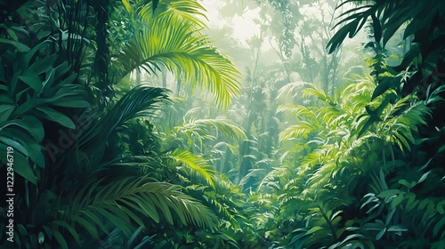 Lush green jungle scene, vibrant foliage with sunlight filtering through, ideal for nature themes and tranquility.