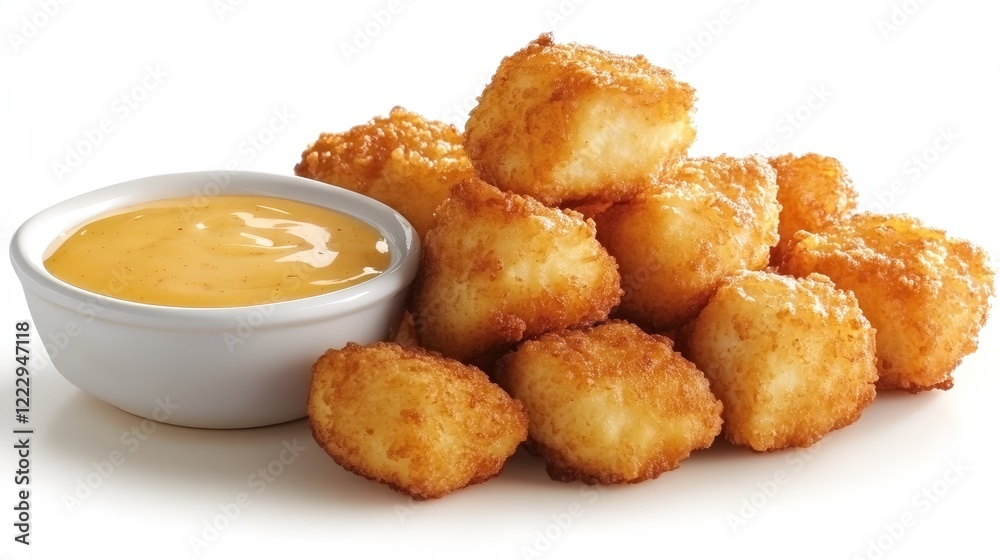 A pile of golden, crispy nuggets served with a side of dipping sauce. A pile of golden, crispy nuggets served with a side of dipping sauce.