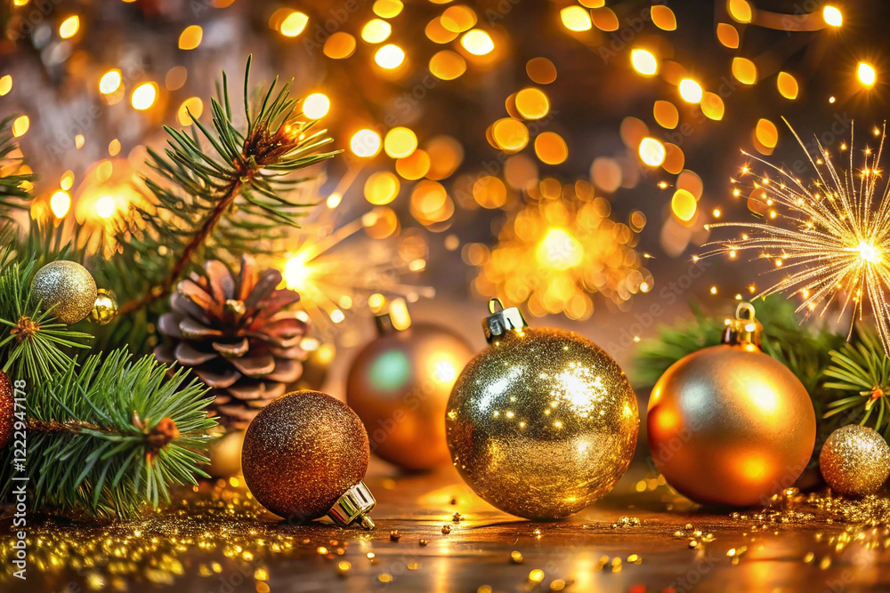 Festive Christmas ornaments, pine cones, sparklers, and twinkling lights on wooden surface.