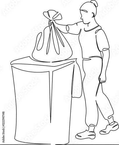 One continuous single drawing line art flat doodle person, garbage, throwing, recycling, woman, adult, environment, plastic. Isolated image hand draw contour on a white background, hand drawn, not AI