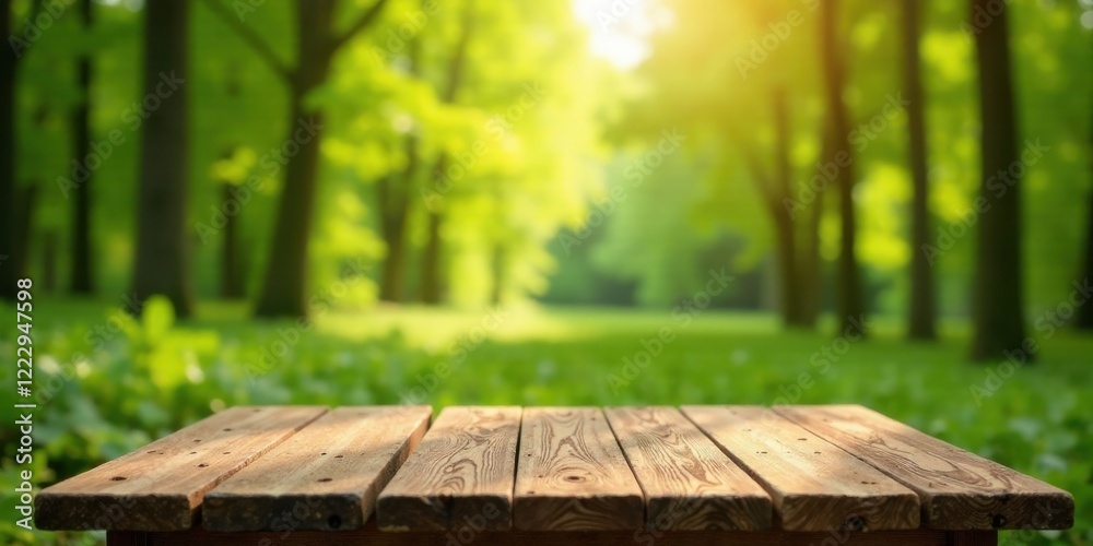Fototapeta premium Rustic Wooden Tabletop in a Sunny Forest Setting, Ideal for Product Displays or Nature-Themed Designs
