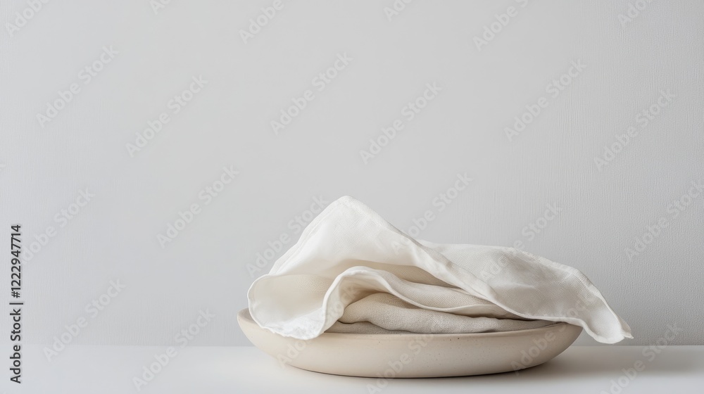 Obraz premium Minimalist eco-friendly linen washcloths on a ceramic plate promoting zero waste sustainable lifestyle with a simple white backdrop