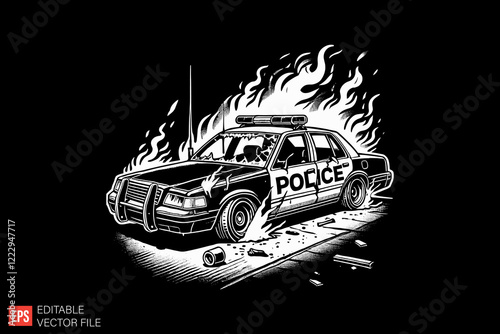 Burning police car Black and white silhouette Illustration vector design