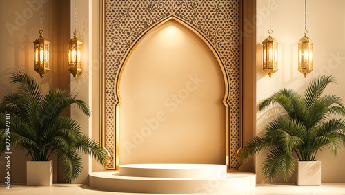 Ramadan Kareem themed stage with lanterns,tree and empty podium for displaying festive products