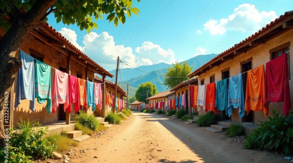 Obraz premium Vibrant textiles drying in the sun along a rustic village lane, nestled amidst a picturesque mountain landscape, offering a tranquil and colorful scene.