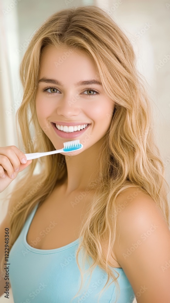 Beautiful young woman with long blonde hair smiling and holding a toothbrush in a bright bathroom, promoting dental hygiene and healthy habits for a radiant smile Beautiful young woman with long blonde hair smiling and holding a toothbrush in a bright bathroom, promoting dental hygiene and healthy habits for a radiant smile