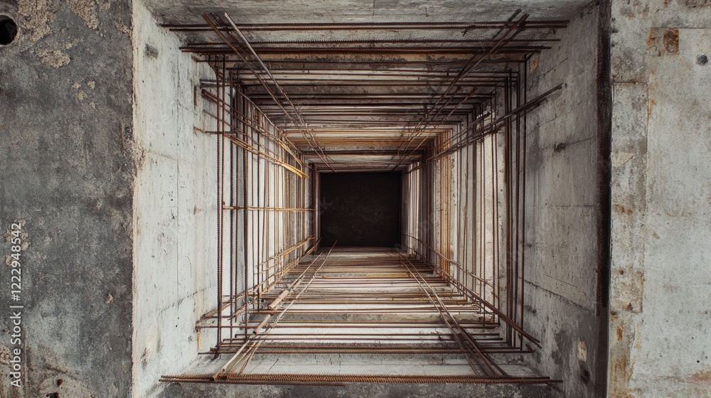 Rugged construction aperture surrounded by unfinished materials and rebar, set against a stark gray background Rugged construction aperture surrounded by unfinished materials and rebar, set against a stark gray background