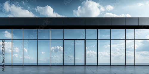 Modern glass faÃ§ade capturing cloud reflections with expansive empty area for customizable text or branding. photo