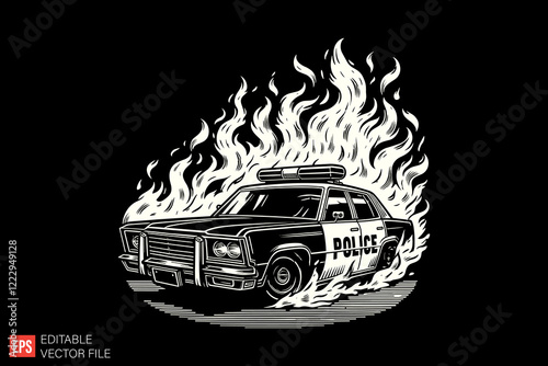 Burning police car Black and white silhouette Illustration vector design