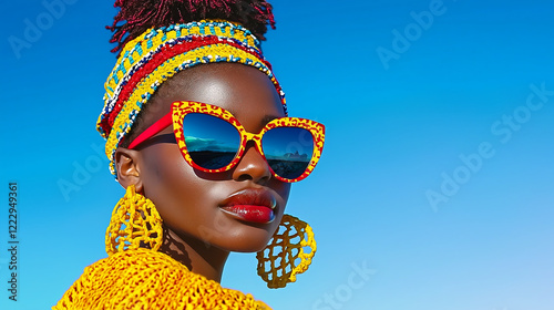 Vibrant woman wearing colorful accessories, sunglasses, and stylish outfit against clear blue sky. image showcases bold fashion and cultural expression