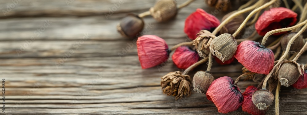 Dried poppy heads on rustic wooden surface with selective focus creating empty space for text or creative design elements. Dried poppy heads on rustic wooden surface with selective focus creating empty space for text or creative design elements.