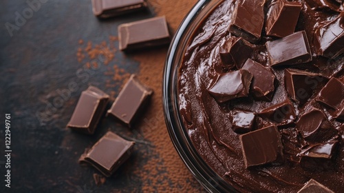 Close up of rich chocolate cake topped with chocolate chunks on dark stone surface with empty space for text or branding purposes photo