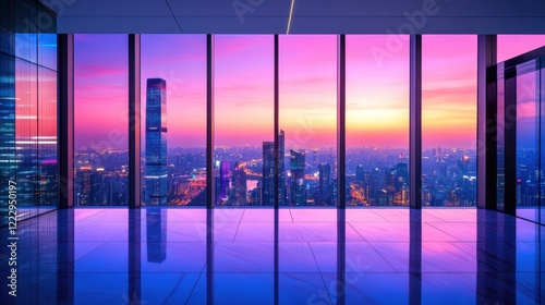 The view of a futuristic city skyline at dusk, glowing with neon lights and reflections on glass buildings.