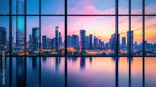 The view of a futuristic city skyline at dusk, glowing with neon lights and reflections on glass buildings.
