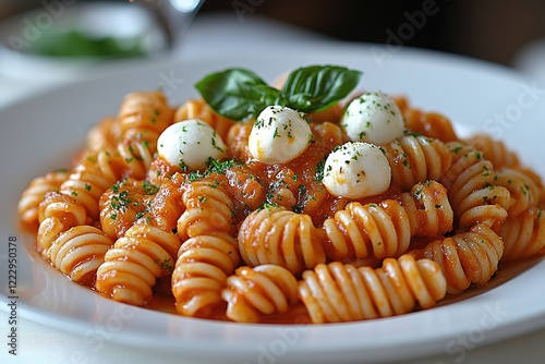 Spiral pasta in tomato sauce topped with fresh mozzarella and basil photo