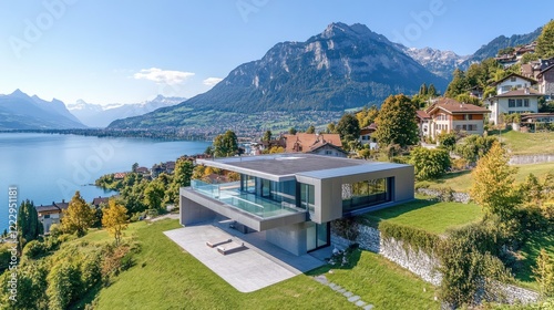 Modern Lakeside Villa with Panoramic Mountain Views photo