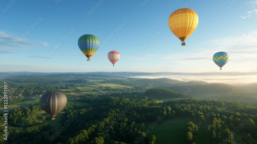 Fototapeta premium Dawn of Discovery: Vibrant Hot Air Balloon Festival Ascending into Tranquil Valley Skies