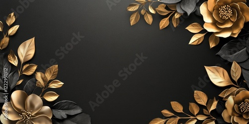 Elegant floral border design featuring gold foil accents on a dark background ideal for modern event flyers with space for text. photo
